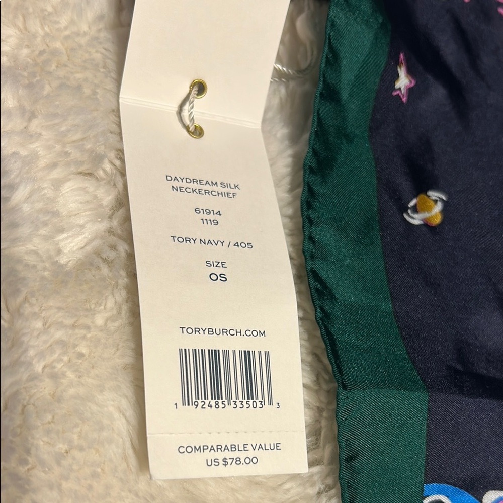 Tory Burch Silk Scarf with Navy and Green Accents - Picture 3 of 6